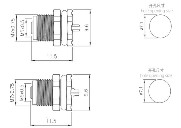 M5 panel mount drawing of soldering and PCB type（Screw thread:M5X0.5)