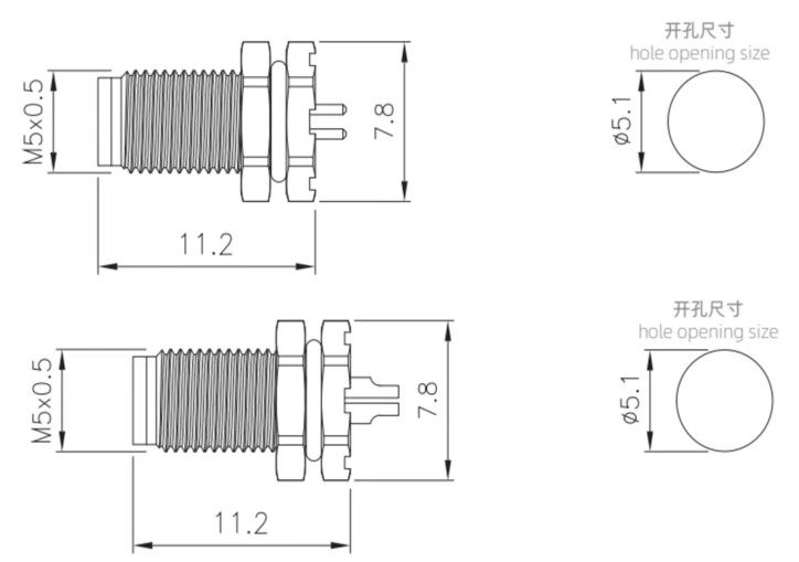 M5 panel mount drawing of soldering and PCB type（Screw thread:M5X0.5)