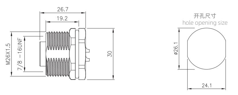 7/8 female panel mount  connector drawing