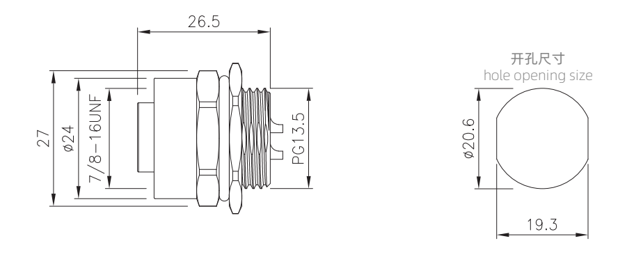 7/8 female panel mount  connector drawing