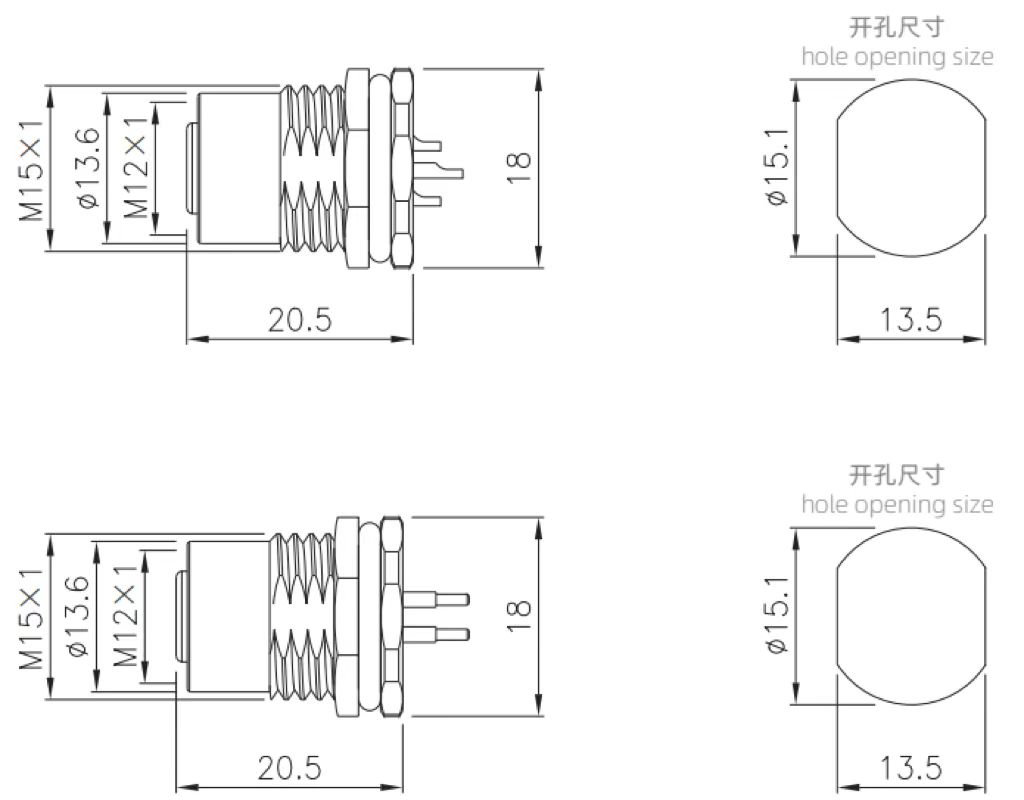 M12 female socket type connector drawing