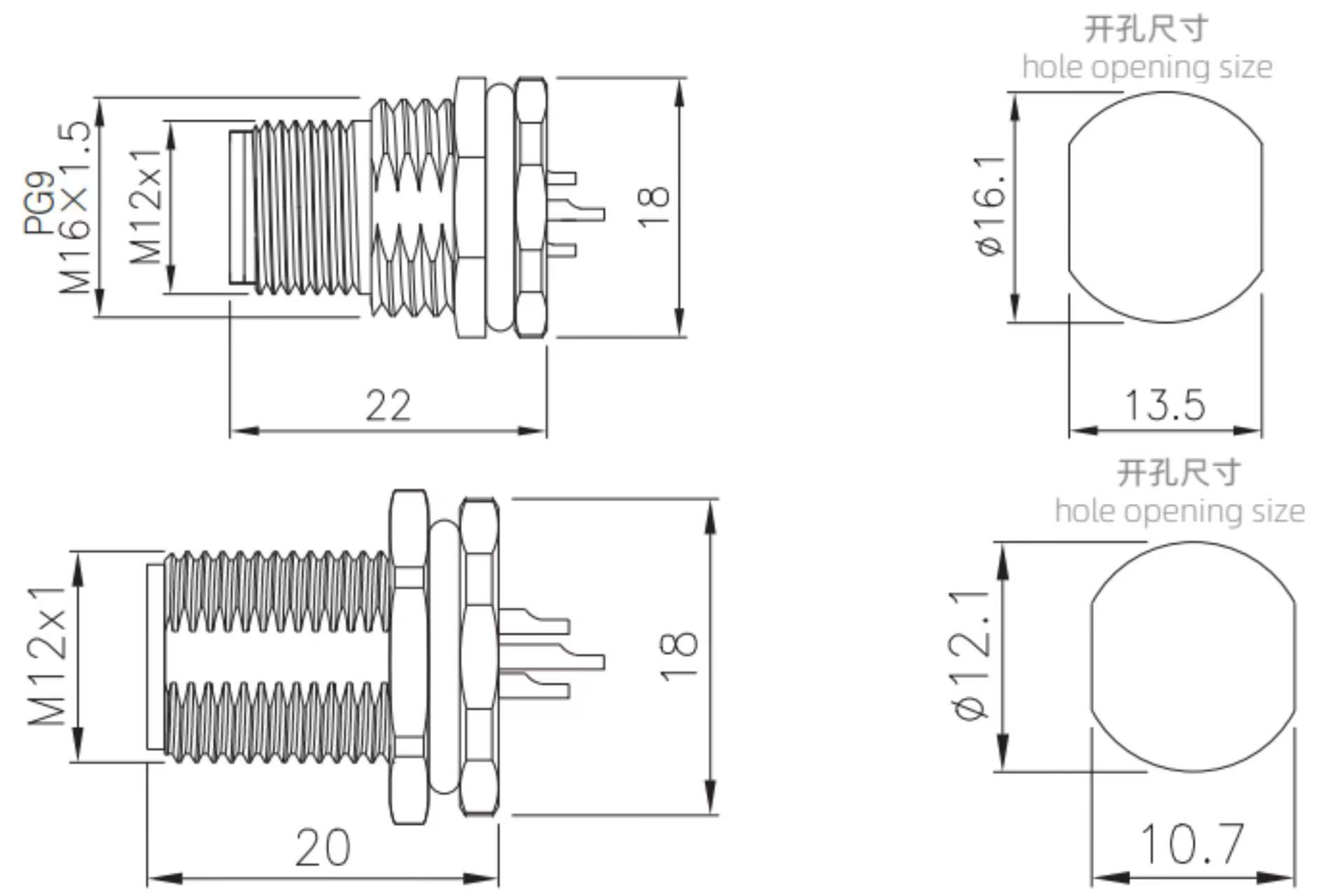 M12 male socket type connector drawing