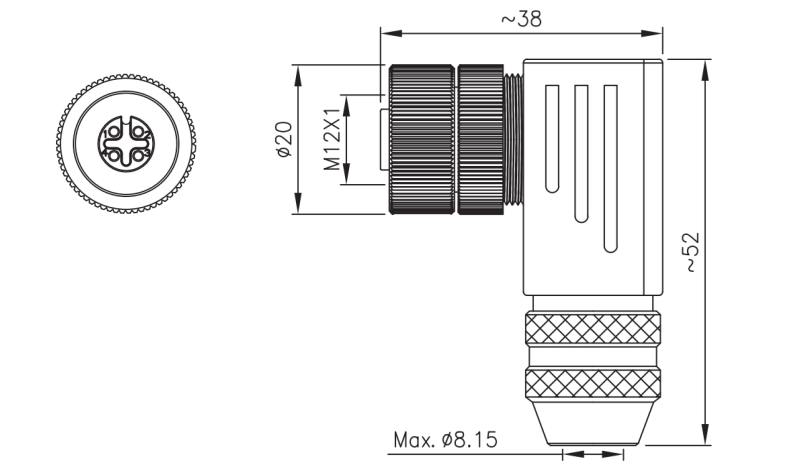 M12 female field wireable type connector drawing