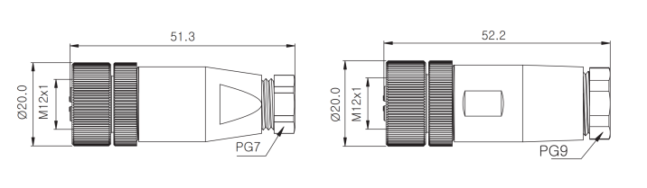 M12 female field wireable type connector drawing