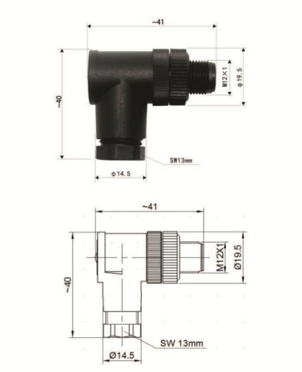 M12 male elbow plastic assembly type connector drawing