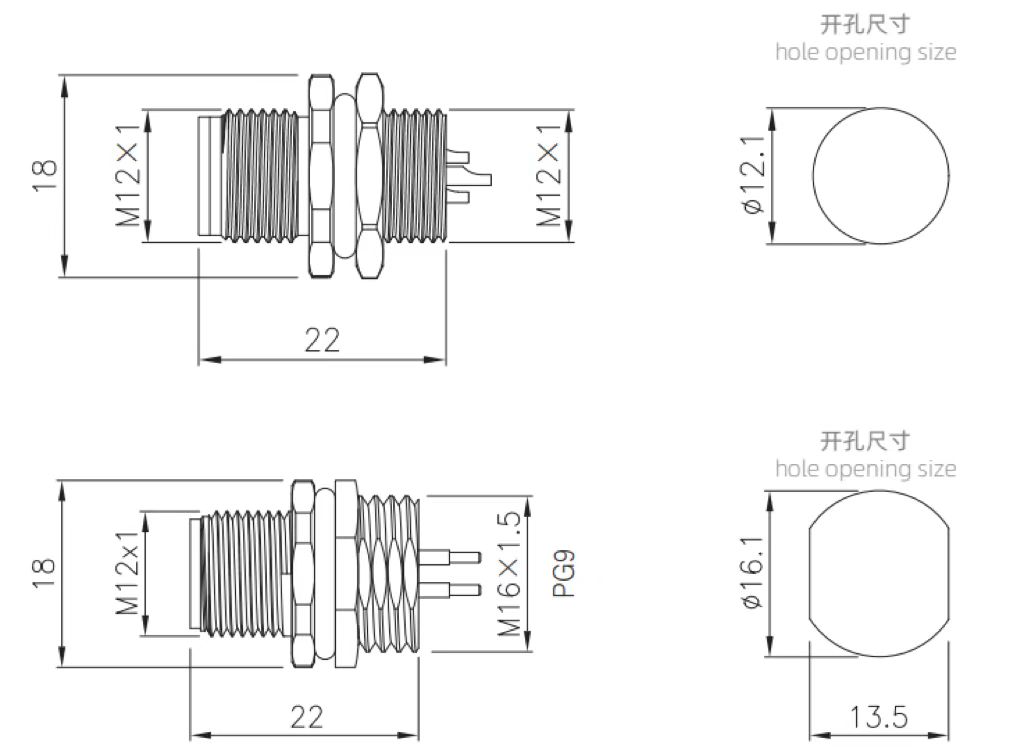 M12 male socket type connector drawing