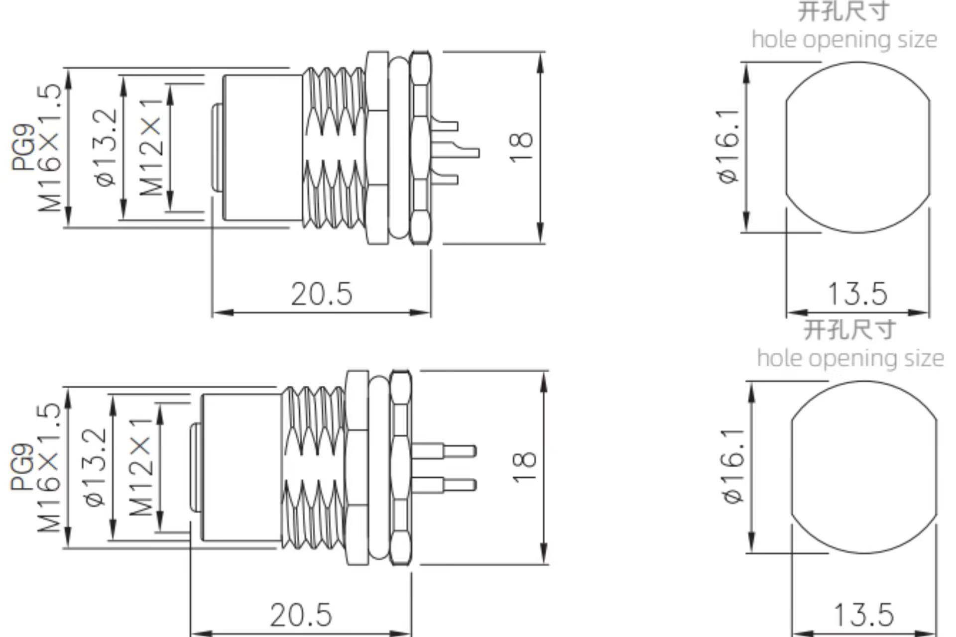 M12 female socket type connector drawing