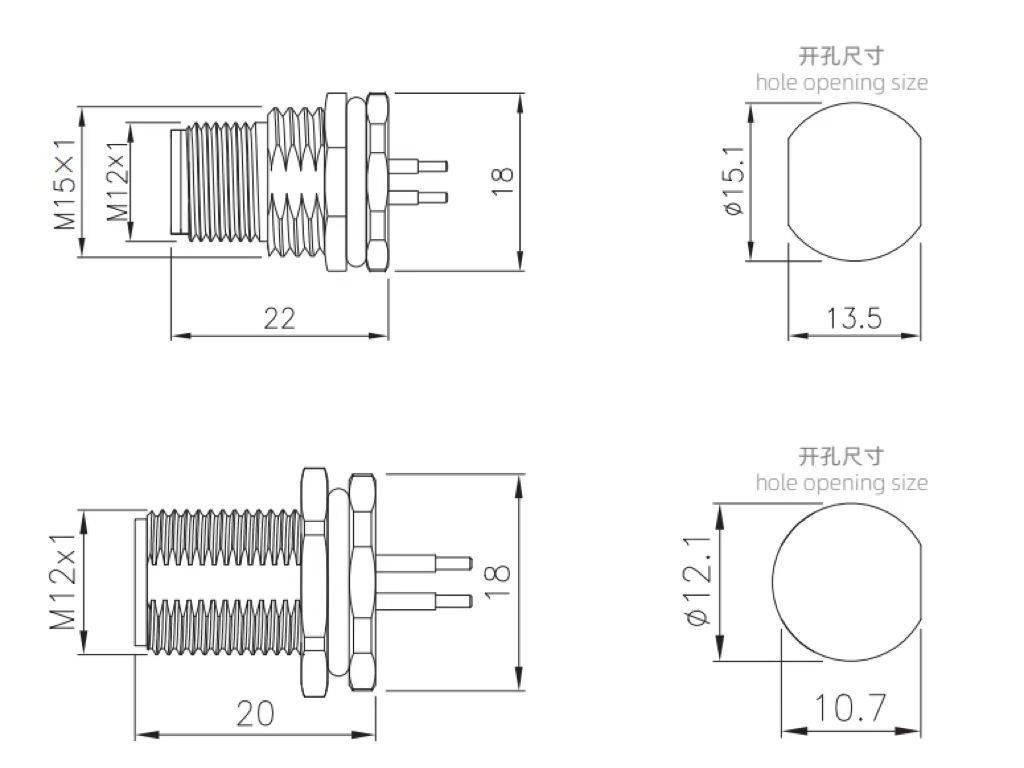 M12 male socket type connector drawing