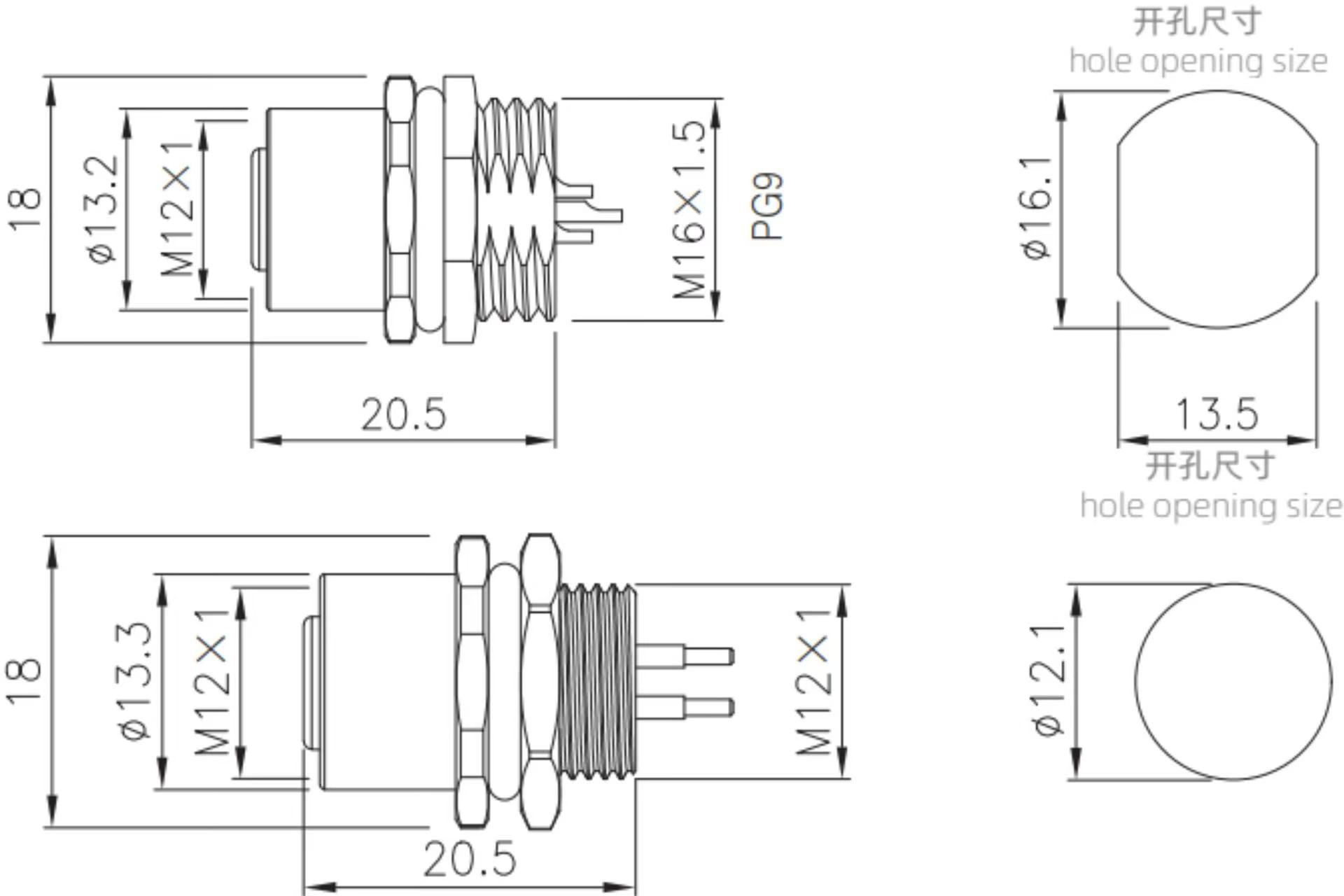 M12 female socket type connector drawing