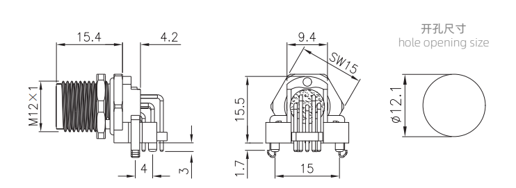 M12 male socket angled type connector drawing