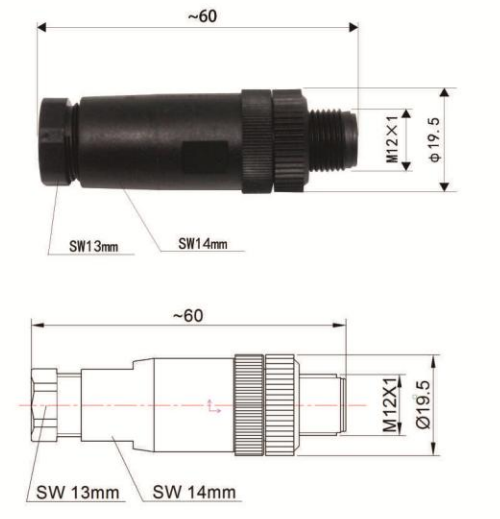 M12 male field wireable type connector drawing