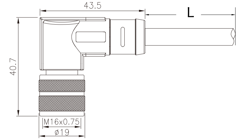 M16 female elbow molded type connector drawing