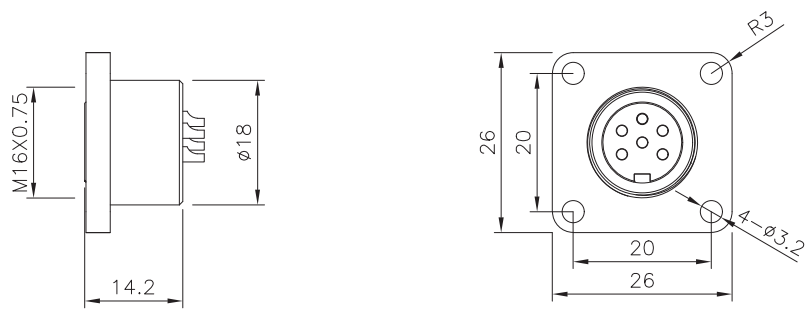 M16 female flange panel mount type connector drawing