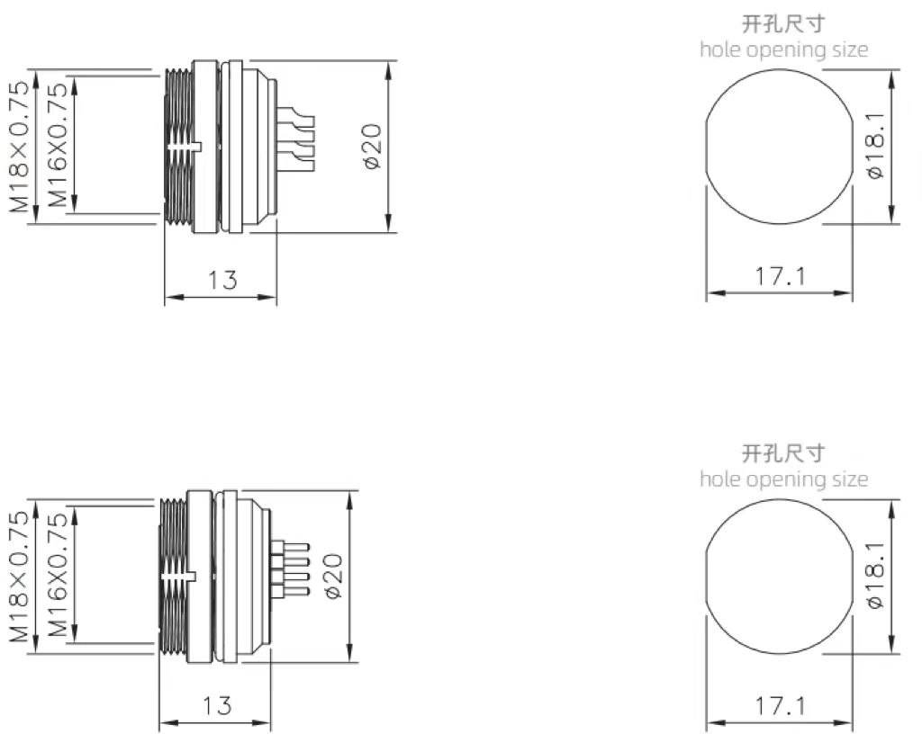 M16 female panel mount type connector drawing