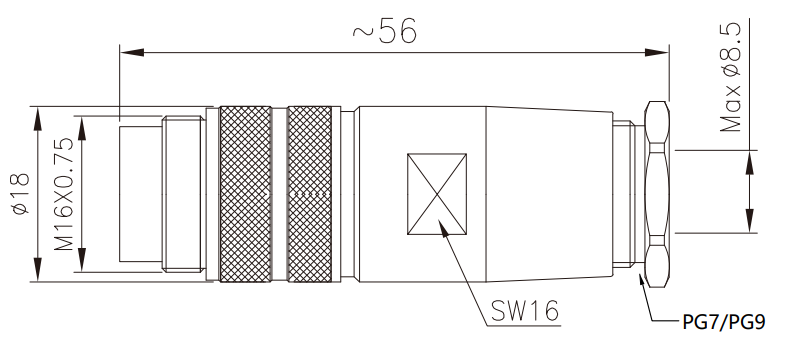 M16 male metal assembly type connector drawing