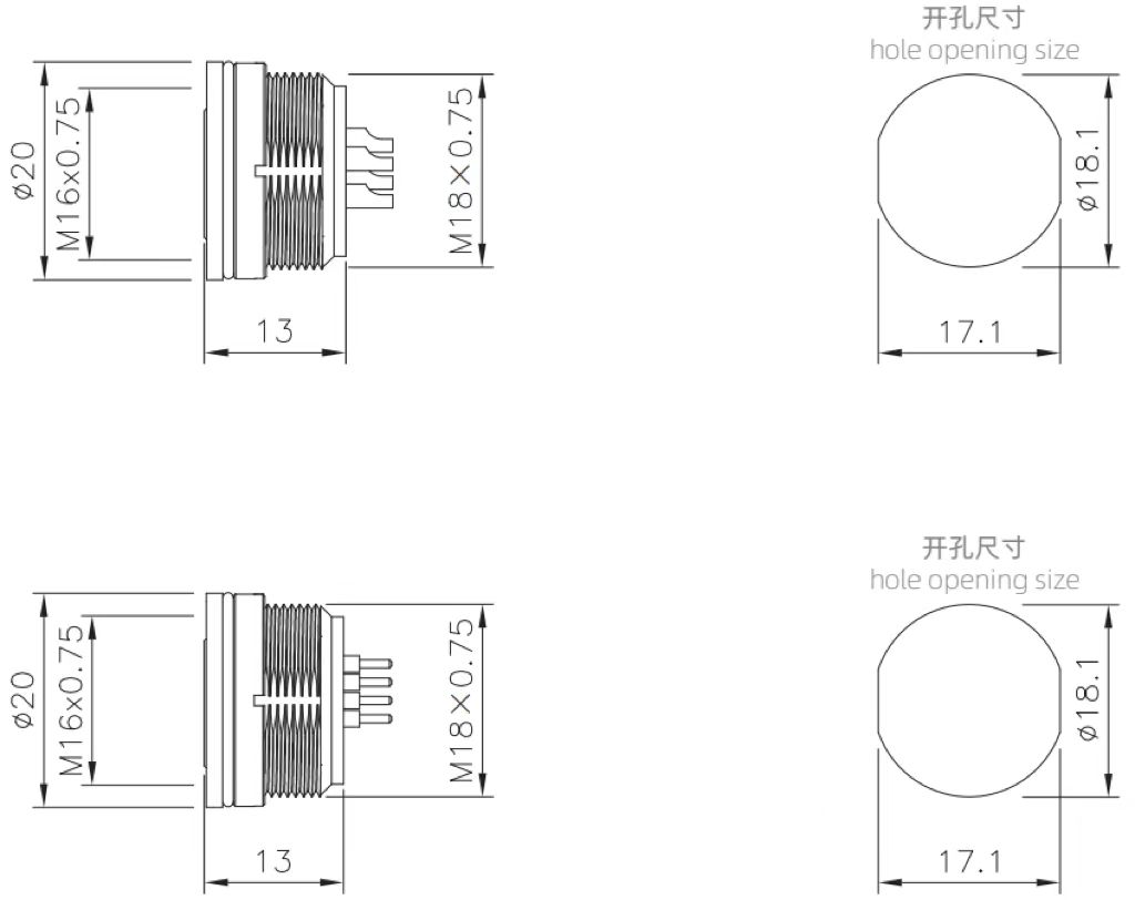 M16 female panel mount type connector drawing