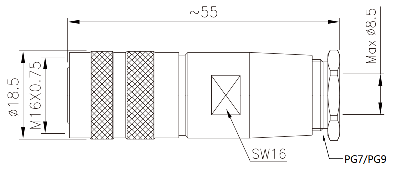 M16 female metal assembly  type connector drawing