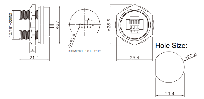 RJ45 female panel mount connector brief size information: