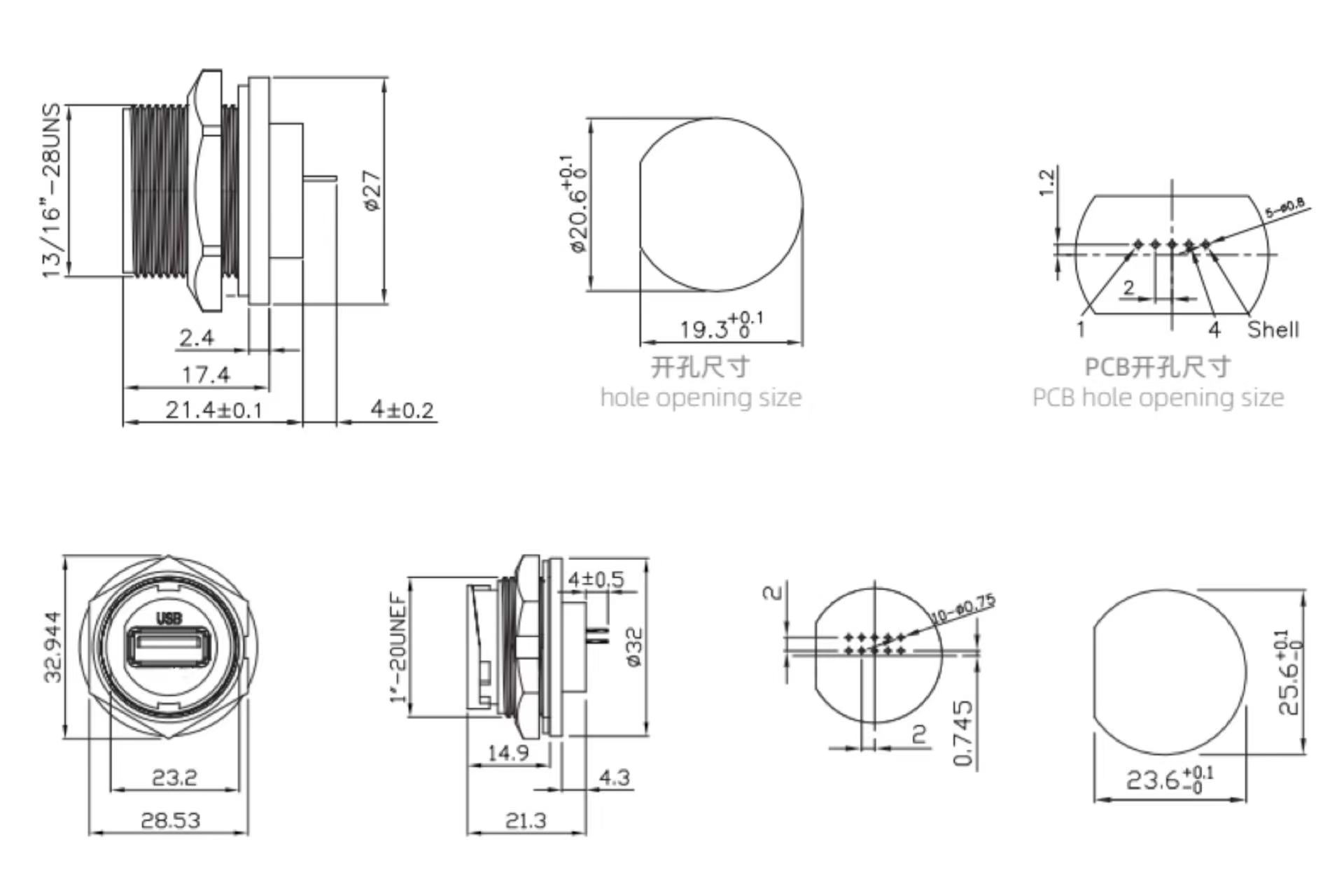 USB A female panel mount PCB connector size information: Thread and bayonet Type