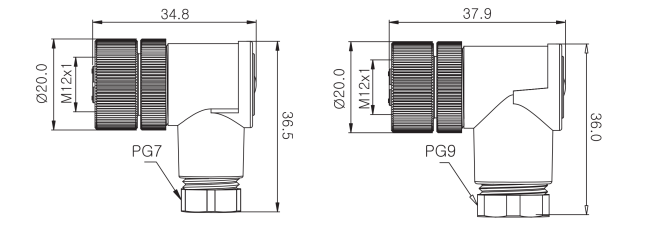 M12 female field wireable type connector drawing