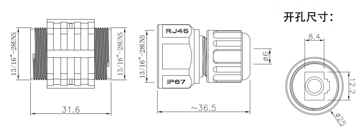 RJ45 female assembly connector brief size information