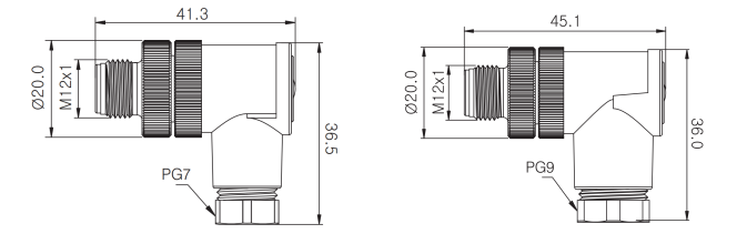 M12 male elbow assembly type connector drawing