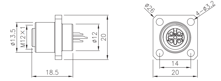 M12 female flange socket type connector drawing