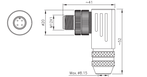 M12 male elbow assembly type connector drawing