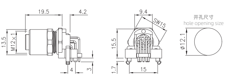 M12 female socket type connector drawing