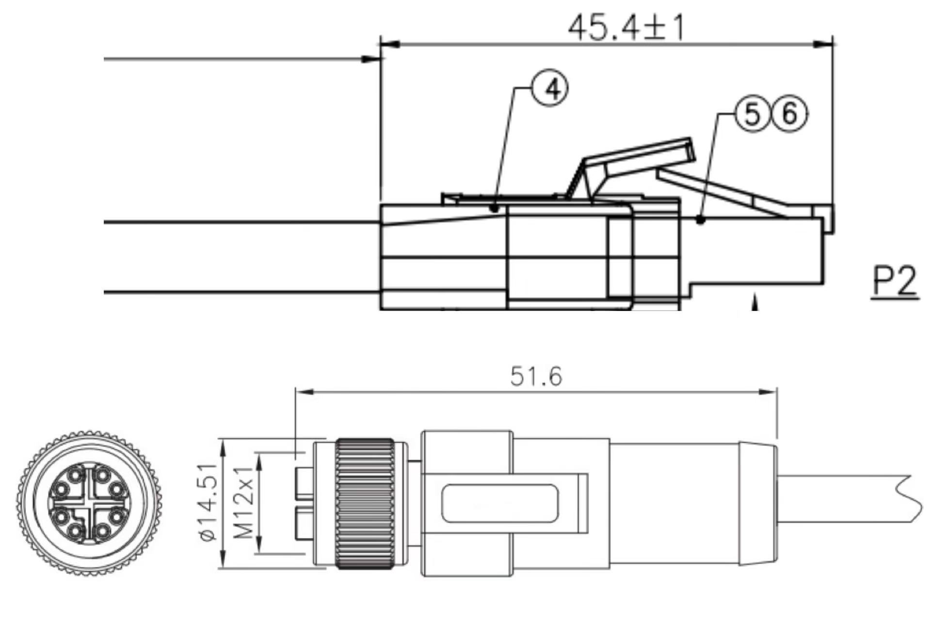 M12 X coding to RJ45 male cable connector drawing