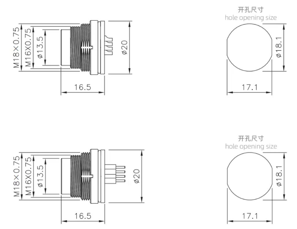 M16 male panel mount type connector drawing