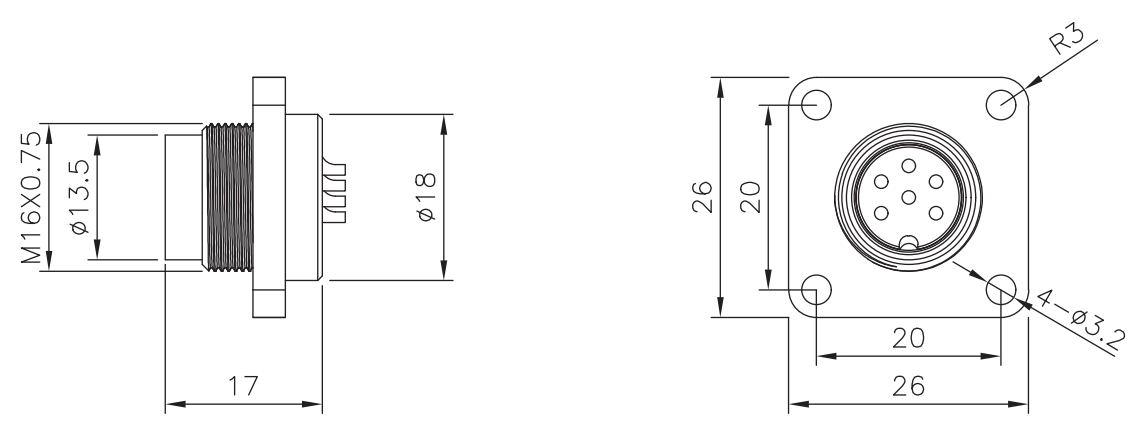 M16 male flange panel mount type connector drawing