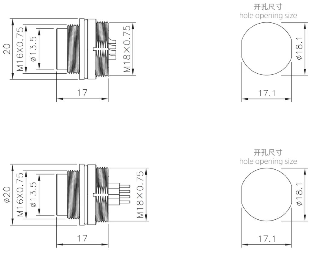 M16 male panel mount type connector drawing