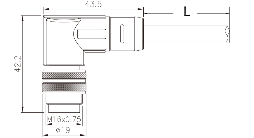 M16 male right angle molded type connector drawing