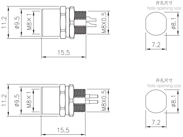 M8 panel mount drawing of soldering and PCB type（Screw thread:M8X0.5)