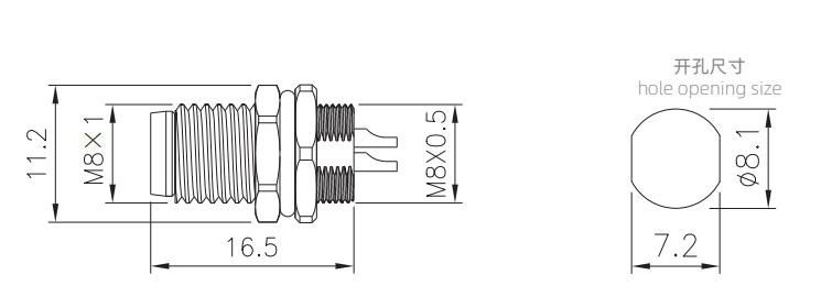 M8 panel mount drawing of soldering and PCB type（Screw thread:M8X0.5)