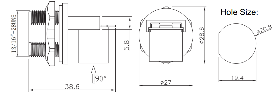 RJ45 female panel mount connector brief size information