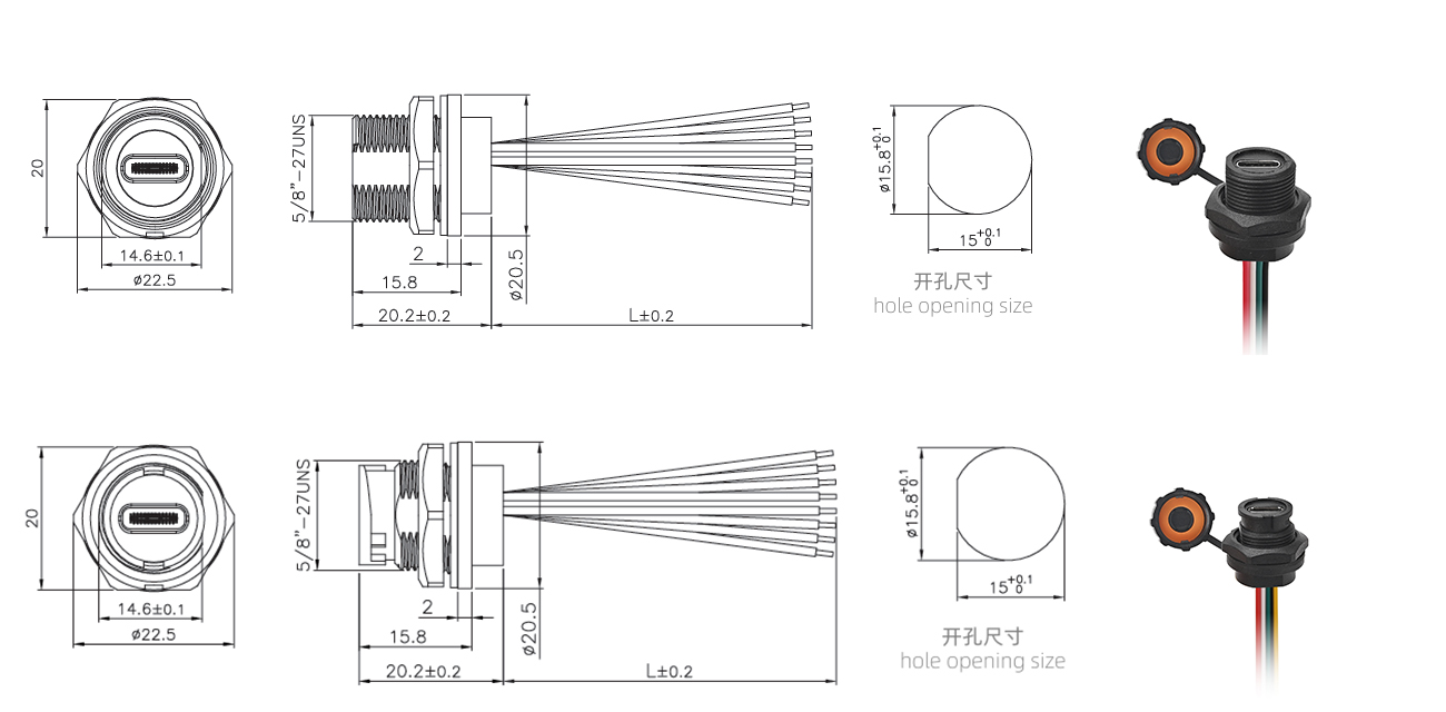 Type c female panel mount wires soldering connector size information: Thread and bayonet type