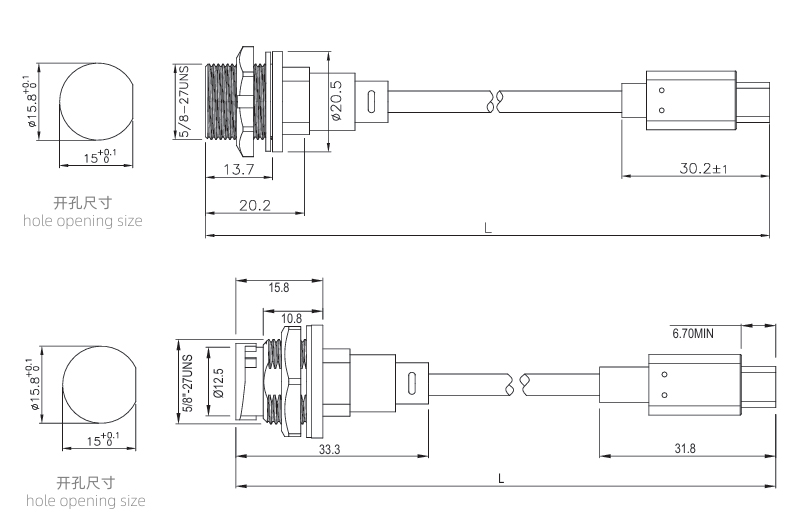 Type c female to male cable connector size information: Thread and bayonet type