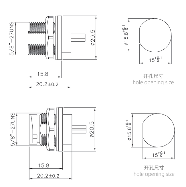 Type c female panel mount connector size information: Thread and bayonet type