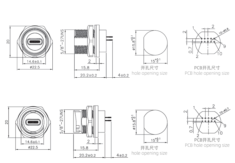 Type c female panel mount PCB connector size information: