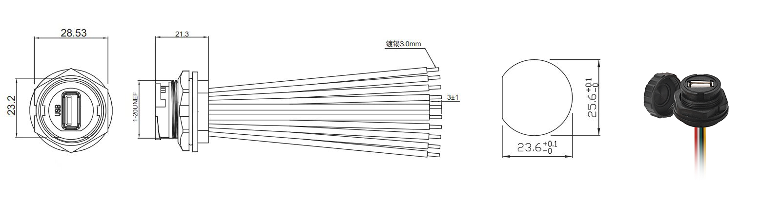 USB A female panel mount connector size information: Bayonet type