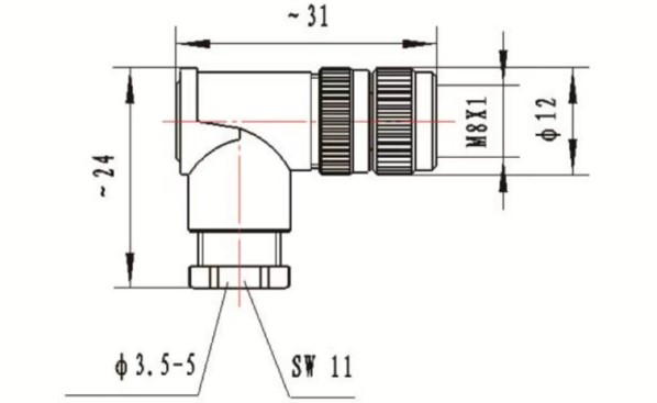 M8 female elbow field wireable type connector drawing