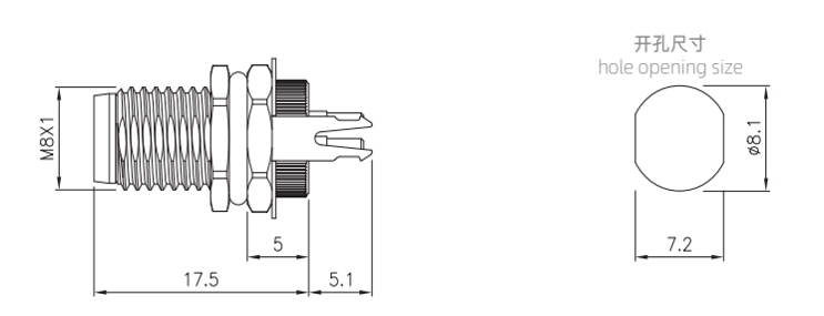 M8 panel mount drawing of PCB type（Screw thread:M8X1.0)