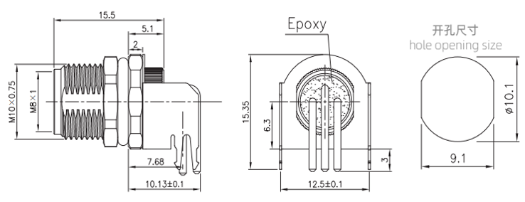 M8 female panel mount drawing of PCB type（Screw thread:M10X0.75)