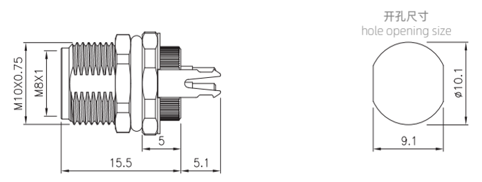 M8 female panel mount drawing of PCB type（Screw thread:M10X0.75)