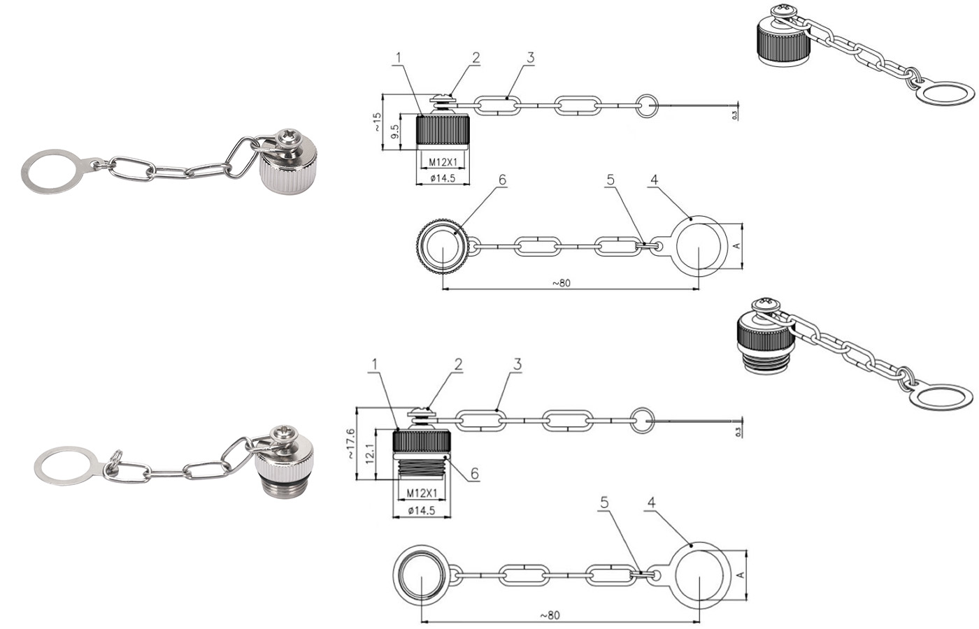 M12 female and male connector metal cap size information: