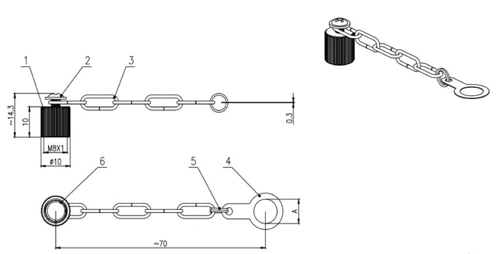 M8 female and male connector metal cap size information