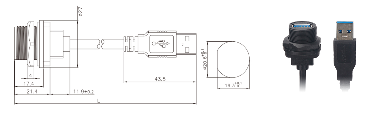 USB female  to male connector size information: 3.0 thread Type