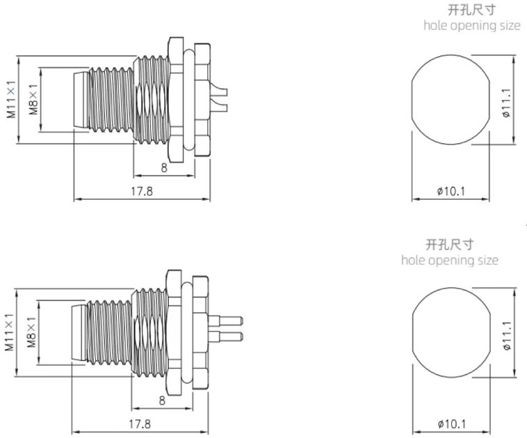 M8 panel mount drawing of soldering and PCB type（Screw thread:M11X1.0)